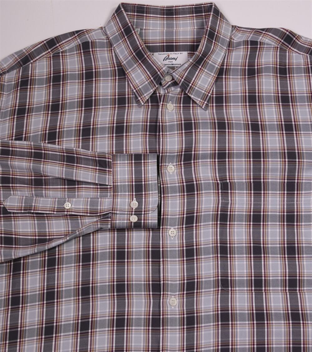 Brioni Gray Burgundy Plaid Cotton Dress Button-Up Shirt Mens XXL